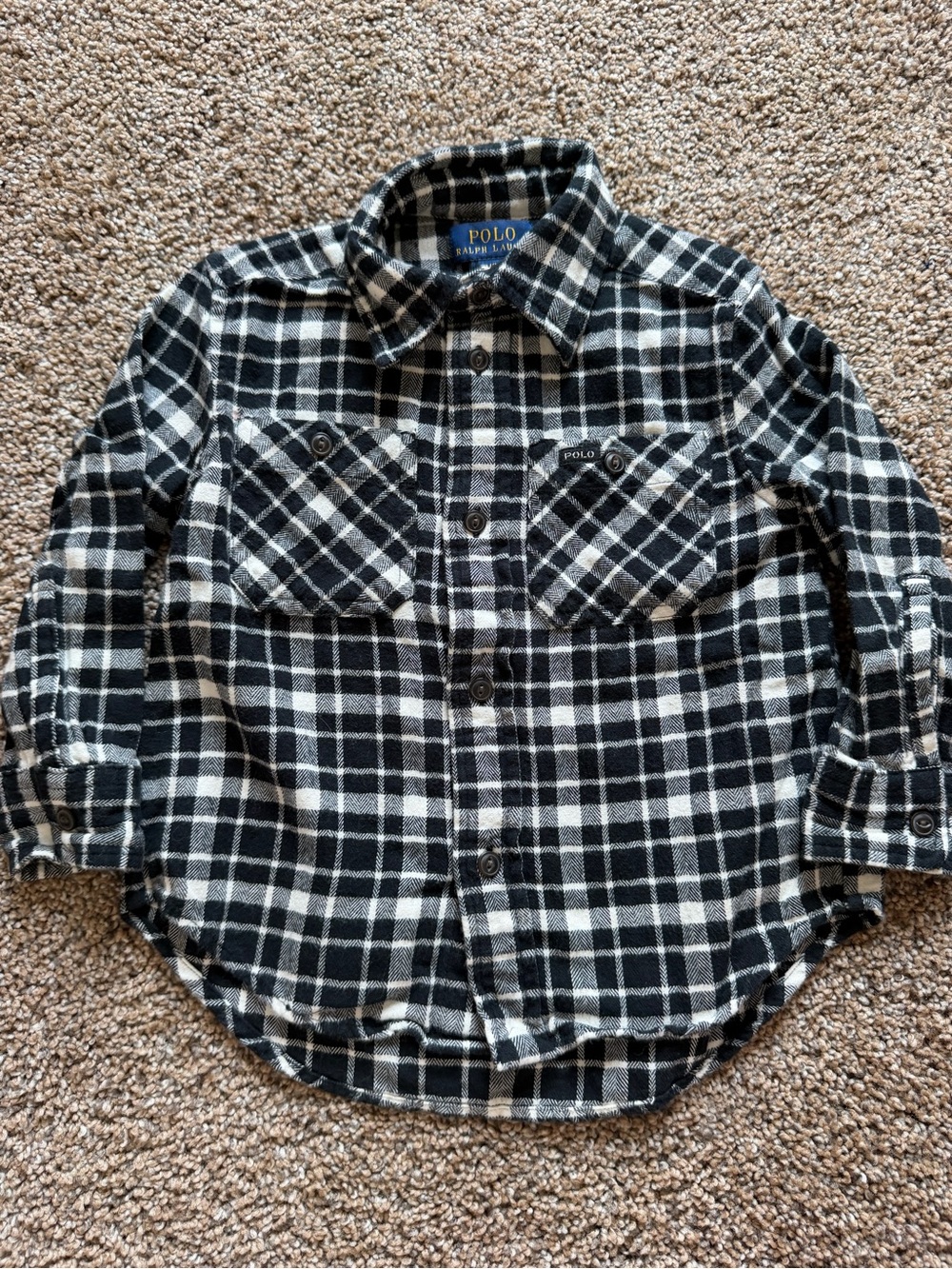 POLO RALPH LAUREN Black & White Plaid Flannel Button Front Long Sleeve